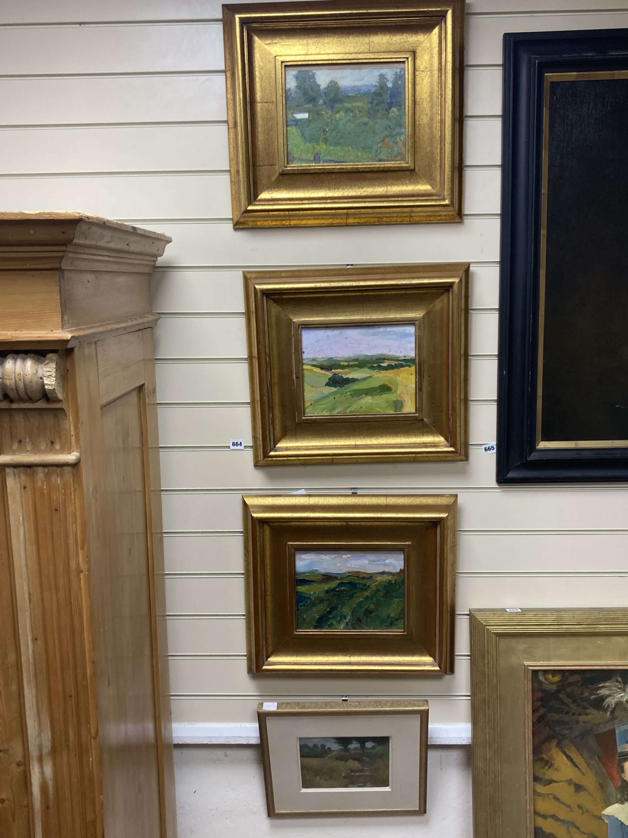 A set of three modern oil on board landscape studies, 19 x 24cm and another similar work